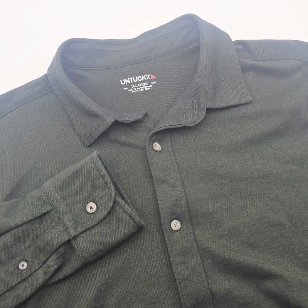 UNTUCKit Men XL Dark Green Pique Polo Button Down Shirt Long Sleeve 35145